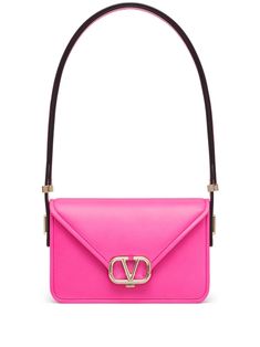 hot pink calf leather smooth grain signature V logo plaque snap-fit fastening long top handle adjustable detachable shoulder strap internal logo stamp main compartment Shoulder Bag Pink, Small Letter, Letter Bag, V Logo, Leather Shoulder Handbags, Small Letters, Leather Cap, Pink Logo, Small Shoulder Bag