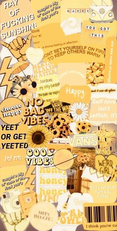 a collage of yellow stickers with words and pictures on them, all over the place