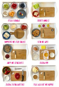 four different types of food on trays with words describing them in english and spanish