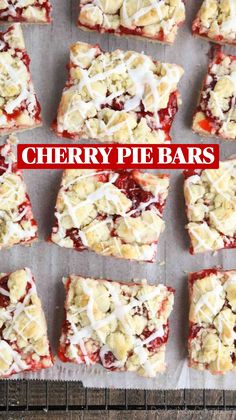 several square pieces of dessert sitting on top of a baking sheet