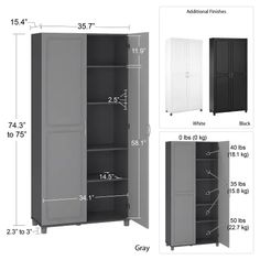 the measurements for an armoire cabinet with doors and shelves are shown in three different sizes