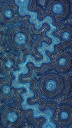 an abstract painting with blue and white swirls on the bottom, as well as black dots