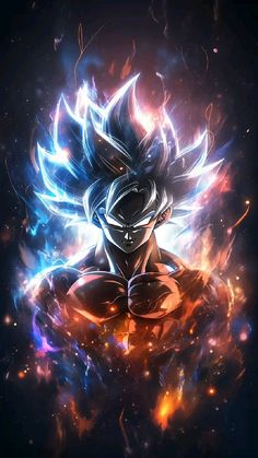 the dragon ball character is surrounded by fire and blue flames, as well as his eyes