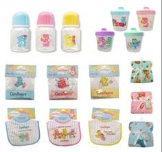 baby bottles and bibs are shown in this image, including one for each child