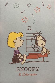 a snoopy and schroedr poster with musical notes coming out of it