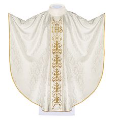 Chasuble richly embroidered IHS - ecru (H163). Chasuble made of high-quality decorated fabric, rosette type. The chasuble is decorated with rich embroidery with the IHS symbol (front and back with identical embroidery). All finished with satin trim. Available in all liturgical colors. - Turtleneck collar finish, carom version available by a particular order. - Inner stole included. - Length of the vestment 135 cm (53.1 inches). Fabric: 100% PE. White Embroidered Chasuble For Church, White Elegant Chasuble For Weddings, Ihs Symbol, Liturgical Colours, Fabric Rosette, Anglican Church, Design Process, Dress Patterns, Clothing Items