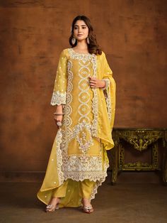 Exotic Yellow Embroidered Partywear Straight-Cut-Suit Online. – Inddus.com Straight Salwar, Organza Material, Organza Top, Readymade Saree, Designer Salwar, Ghagra Choli, Designer Salwar Suits, Heavy Embroidery, Pakistani Wedding Dresses