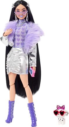 Barbie HHN07 Extra Doll (Black Hair) with Purple Fleece Collar and