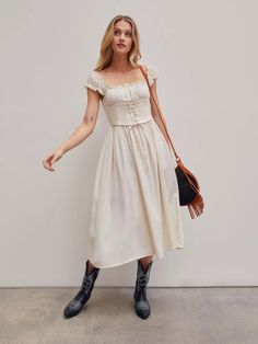 Solid Ruffles Lace Up Maxi Dress US$34.00 Square Neck Maxi Dress With Ruffles For Day Out, Cottagecore Ruffle Hem Dress For Brunch, Cottagecore Square Neck Dress With Ruffle Hem, Chic Square Neck Maxi Dress With Ruffle Hem, Chic Square Neck Midi Dress With Ruffle Hem, Beige Ruffle Hem Midi Dress For Day Out, Beige Midi Dress With Ruffle Hem For Day Out, Chic Beige Dress With Ruffled Skirt, Fall Midi Dress With Ruffles And Square Neck