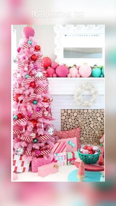 a pink christmas tree in front of a fireplace with presents on the mantle and decorations around it