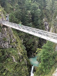 people walking across a bridge over a river in the middle of a mountain range with tall trees