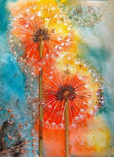 watercolor painting of three dandelions in front of blue sky and yellow background