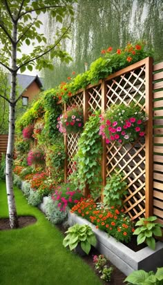 a garden with lots of flowers and plants growing on the side of the building,