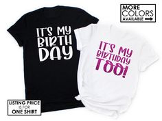 Have your BIRTHDAY GIRL and/or BIRTHDAY BOY stand out on their Birthday's with this glitter It's My Birthday Shirt or It's My Birthday Too Shirt!  Great for Twins! You personalize the shirt by choosing the shirt color and writing color.  Non glitter options are also available.   PLEASE NOTE  HOW TO PLACE YOUR ORDER 1.  Choose your shirt style and size from the drop down menu. 2.  Choose your writing color from the drop down menu. 3.  SHIRT COLOR GOES in the PERSONALIZATION BOX.  Fill out this box.  You will find a list of things required for the order listed above it. 🖤 Please see my images for SHIRT SIZING information and COLOR CHARTS. 🖤 4.  Add it to your cart 5.  Repeat these steps for each shirt desired. SHIMMER away with this GLITTERY shirt. Never worry about if your rhinestones hav Pink Shirt With Funny Print For Birthday, Fun Birthday Tops With Funny Text, Funny Text Print Tops For Birthdays, Black Shirt For Birthday And Mother's Day, Fun Birthday Shirt With Funny Text, Funny Birthday Shirt With Letter Print, Funny Print Shirt For Birthday And Mother's Day, Slogan T-shirt For Birthday And Mother's Day, Funny Print Shirt For Mother's Day Birthday