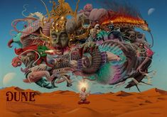 an image of a person in the middle of a desert with many different things on it