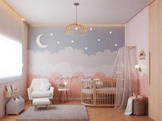 a baby's room decorated in pastel colors with stars and clouds on the wall