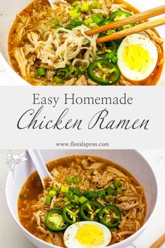 Chopsticks lift up a portion of ramen noodles from chicken ramen in the first photo. The second photo shows a soup spoon inserted into the bowl with slices of green onion and jalapeno. Chicken Ramen Bowl Recipe, Homemade Chicken Ramen, Chicken Ramen Noodle Recipes, Authentic Ramen, Rotisserie Chicken Recipes Leftover, Traditional Ramen