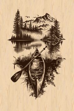 a drawing of a canoe on a lake with mountains and pine trees in the background