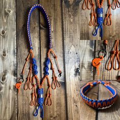 several different types of rope and scissors hanging on a wooden wall