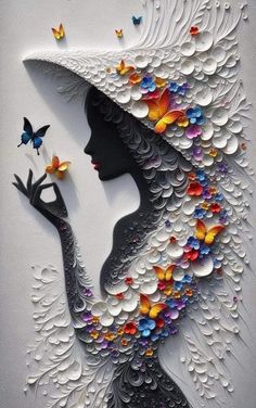 a woman with butterflies on her head and butterfly in her hand, made out of paper