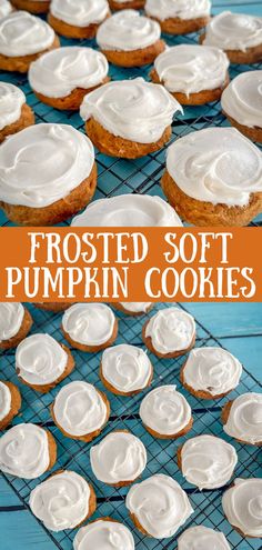 pumpkin cookies on a cooling rack Cookies For Fall, Pumpkin Cookies With Cream Cheese, Cookies With Frosting, Cookies With Cream Cheese Frosting, Brownie Treats, Soft Pumpkin Cookies, Cookies With Cream Cheese, Brownies Recipes, Peanut Butter Blossom Cookies