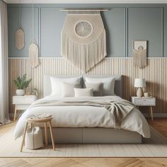 a large bed sitting in a bedroom on top of a hard wood floor