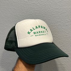 Waimanalo Hawaii Trucker Hat, Adjustable Strap, Forest Green Color Lightweight White Cap, White Vacation Snapback Hat, White Adjustable Wide Brim Trucker Hat, White Beach Baseball Cap With Short Brim, White Baseball Cap With Short Brim For Beach, Vacation White Trucker Hat One Size, White Trucker Hat For Vacation, White Snapback Hat With Curved Brim For Beach, Casual White Trucker Hat With Short Brim