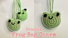 crochet frog bag charm with two faces hanging from it's sides and the text crochet frog bag charm