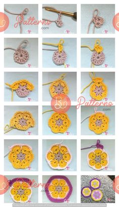 the instructions for crochet flowers are shown in several different pictures, including an image of