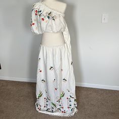 Nwt! Off White Color. Beautiful Embroidery! Can Fit L/Xl. Skirt Has Pockets! Skirt Length 39” Elegant White Skirt With Embroidered Hem, Embroidered Dresses With Flowy Skirt, Fitted Floral Embroidered Skirt For Vacation, Fitted Floral Embroidery Skirt For Vacation, White Maxi Skirt For Brunch, Summer Floral Embroidered Long Dress, White Embroidered Skirt For Vacation, Summer Long Dress With Floral Embroidery, Farm Rio