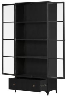 a black bookcase with two drawers and an open door on the bottom shelf, in front of a white background