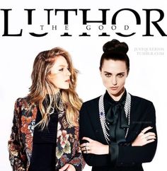 two beautiful women standing next to each other in front of a white background with the words luthor on it