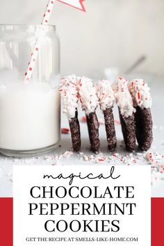 chocolate peppermint cookies on a table with milk and sprinkles