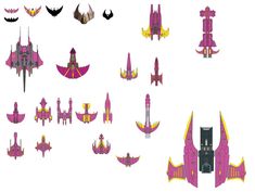 an assortment of pink and yellow objects on a white background, including two flying bats