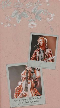 two polaroid photos of the same person playing guitar and singing into a microphone with flowers in the background