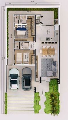 an overhead view of a house with two cars parked in the driveway and three trees