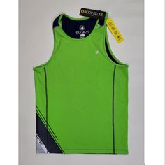 Size Small Pit-To-Pit 19" Length 28" Moisture Wicking Reflective Mesh Ventilated Cooling 4-Way Stretch Msrp $59.99 Color: Green On Front Blue On Back Easy Care Machine Washable Casual Green Racerback Vest, Green Sporty Vest For Sports, Green Sporty Tank Vest, Green Sporty Workout Vest, Green Tank Vest, Sporty Style, Sporty Green Workout Vest, Sporty Green Tank Vest, Green Racerback Breathable Top, Green Breathable Racerback Top