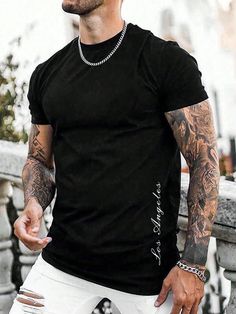 Negro Casual Collar manga corta Tela Letras  Embellished Elástico Ligero Man Black, Fabric Letters, Mens Fashion Casual Outfits, Sport Wear, Men Clothing, Black Casual, Black T Shirt, Mens Fashion Casual, Black Tshirt