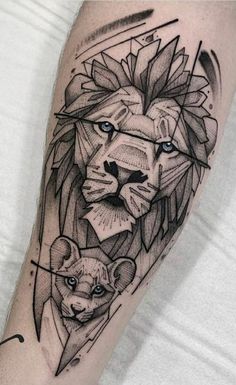 a lion and cub tattoo on the left leg, with geometric shapes in the background