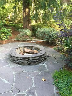 a stone fire pit surrounded by trees and bushes