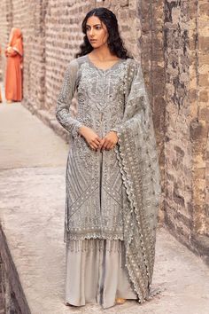 Premium Pakistani Eid Dress In Grey Kameez And Trousers Style Net Sleeves, Net Shirt, Eid Dresses, Elegant Attire, Net Dupatta, Trouser Style, Work Shirt, Fabric Stores Online, Designer Suits