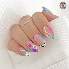 Abstract Nail Art Short Nails Summer, Summer Nails Abstract, Nail Art Designs Trippy, Abstract Faces Nail Art, Multi Colored Abstract Nails, Nail Art Funky, Nails Rainbow, Happy Nails, Animal Nails