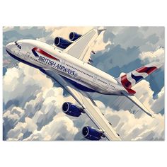 a painting of an airplane flying in the sky with clouds behind it and british airways logo on its side