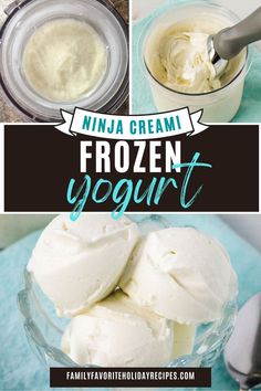 frozen yogurt recipe in a glass bowl with text overlay