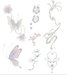 some butterflies and hearts on a white background with the words love written in it's center