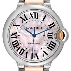 Cartier Ballon Bleu Steel Rose Gold Mother of Pearl Ladies Watch W6920033 Papers. Automatic self-winding movement. Round stainless steel case 36 mm in diameter. Fluted 18K rose gold crown set with a blue spinel cabochon. Stainless steel smooth bezel. Scratch resistant domed sapphire crystal. Pink mother of pearl dial with black Roman numerals. Blued-steel sword shaped hands. Secret Cartier signature at VII. Stainless steel and rose gold bracelet with double deployant clasp. Fits 7" wrist. Automatic Round Diamond Watch For Anniversary, Cartier Timeless Round Watch, Timeless Round Cartier Watch, Timeless Cartier Round Watch, Anniversary Cartier Watch With Subdials, Luxury Pink Watch For Anniversary, Cartier Round Watch With Subdials, Anniversary Rose Gold Watch With Skeleton Dial, Cartier Round Watch