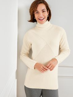 Our cozy turtleneck is a cool-weather wardrobe staple. Made from a cotton blend with cable knit texture and rib knit trim. Features TurtleneckLong SleeveHits Below HipTurtleneckPulloverStraight hemImported Fit: Misses: 27"; Petite: 25"; Plus: 29"; Plus Petite: 27" Material: 55% Cotton, 25% Rayon, 15% Nylon, 5% Wool Care: Machine Wash Cold; Only Non-Chlorine Bleach When Needed; Reshape, Lay Flat To Dry; Cool Iron If Needed | Mixed Stitch Mockneck Sweater Talbots Stretch Cable Knit Turtleneck, Fitted Cable Knit Turtleneck, Cable Knit Turtleneck Tops, Fitted Cable Knit Turtleneck With Funnel Neck, Classic Cable Knit Turtleneck For Fall, Fall Cable Knit Turtleneck, Classic Textured Knit Turtleneck For Fall, Cable Knit Turtleneck For Layering, Cable Knit Turtleneck Top For Cold Weather