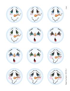 six different faces drawn on white paper with colored eyes and nose, one has carrots in his mouth