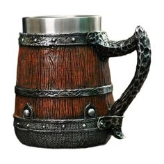 a wooden beer mug with metal handles and chains on the handle is shown against a white background