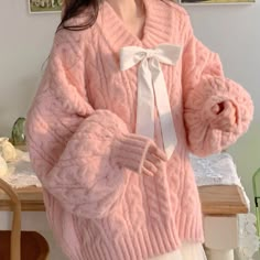 Loose Pink Bow Sweater SE22211 – SANRENSE Pink Lanterns, Pull Rose, Bow Sweater, Cardigan Vintage, Korean Casual, Pretty Style, Pink Outfits, Big Bows, 가을 패션